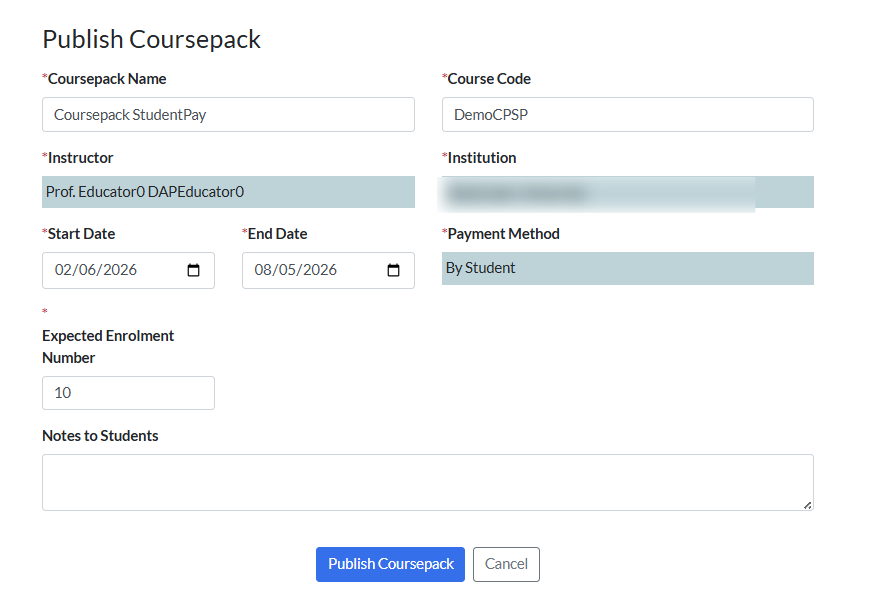 pubilsh coursepack form